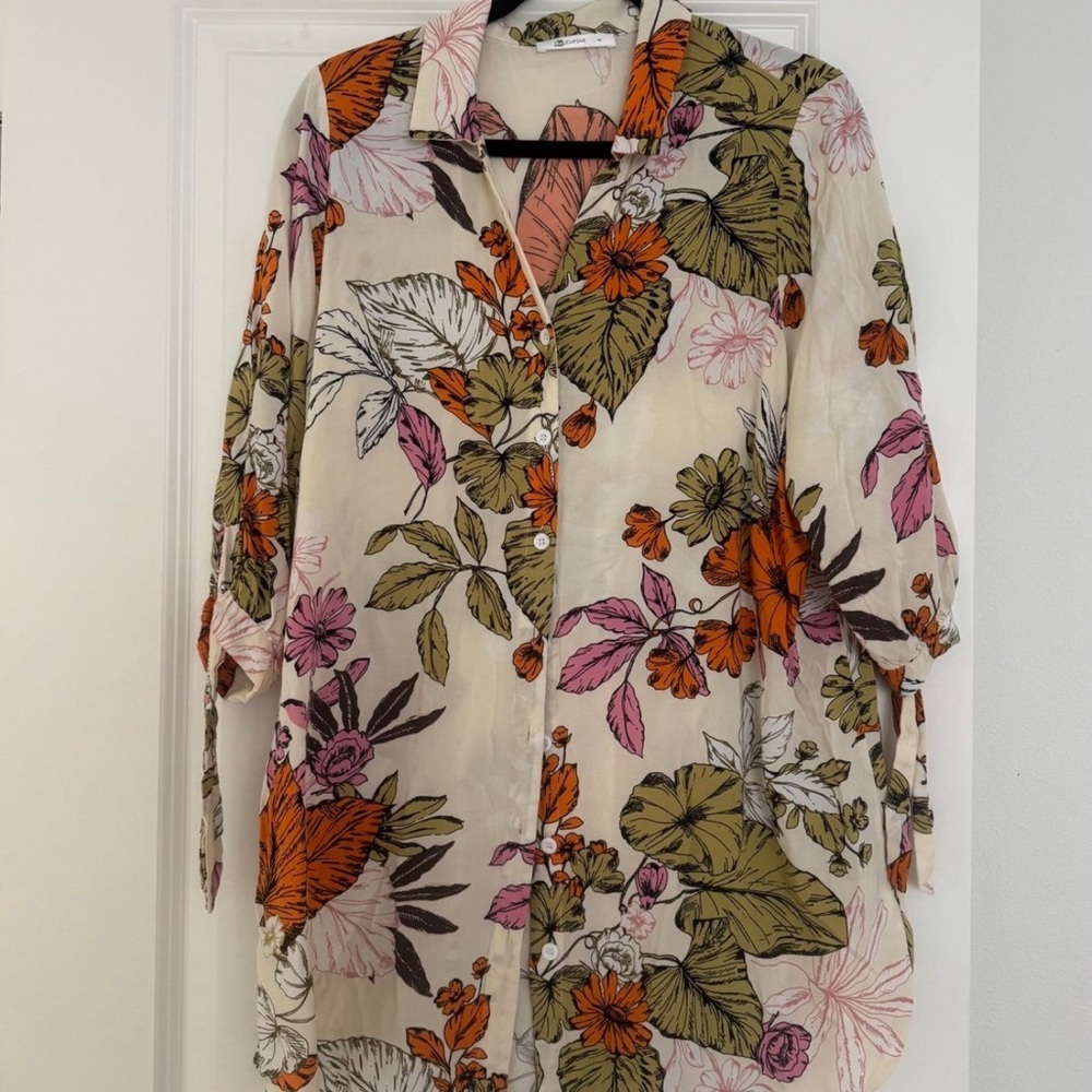 CUPSHE women’s tropical floral button down swimsuit cover mini dress size small